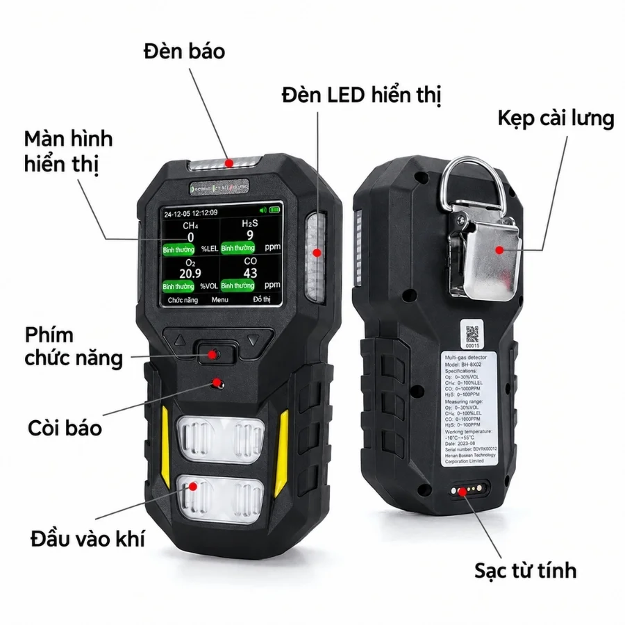 Chi tiết thiết kế máy dò đa khí 4 trong 1 Bosean BT-BX402
